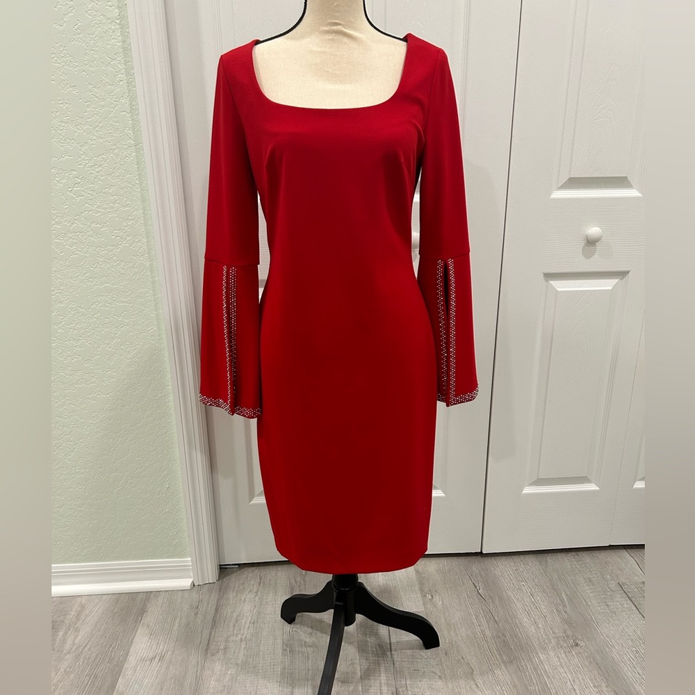 Rhinestone sleeves red holiday dress